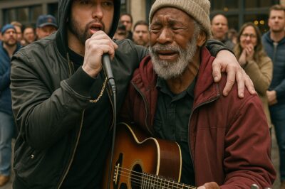 Eminem stumbled upon a struggling street artist trying to make a living on Michigan’s streets with no audience. He stepped in, grabbed the mic, and a crowd began to gather. Recognizing Eminem, people recorded and watched his performance. A mini-concert unfolded on the street, filling the artist’s tip jar to the brim. Tearfully, the artist hugged Eminem and thanked him profusely after the show
