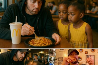 Twin Black girls whispered to Eminem at a McDonald’s, and after hearing their words, he took an unexpected action no one could have predicted. The story unfolds with Eminem, who, after a long day locked in the studio, stopped at a McDonald’s for a quick dinner and noticed two twin girls in yellow dresses begging for help. Despite their innocence, the neglected and visibly hungry girls were ignored by other customers and staff, making them appear even more pitiable. Eminem called them over, and his next move left everyone in the restaurant utterly stunned