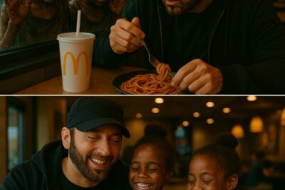 After a long day locked in the studio, Eminem stopped by McDonald’s for a quick bite — but what happened next no one could have predicted. Two young Black twin girls in yellow dresses, ignored and visibly starving, whispered something into his ear. The entire place had looked right past them, but Eminem didn’t. He called them over. And then, in front of a stunned crowd, he made a move so unexpected, so powerful, that silence fell over the restaurant. That night, what began as a routine meal turned into a moment where Marshall Mathers showed the world his truest self — not the rapper, but the man behind the mic.