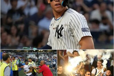BREAKING: A Yankees fan escaped from security on the field before being handcuffed, with the entire incident caught on camera; security officers apprehended the fan as he ran from center field with ill intent toward Aaron Judge.