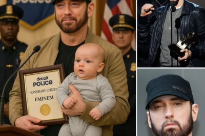 Eminem’s two-month-old grandson, Elliot Mathers McClintock, unexpectedly became a hero when he alerted Eminem just in time about a child abduction! At an emotional honorary citizen ceremony at the Detroit Police Department, Eminem recounted the moment when the two of them fought off the perpetrator to protect another innocent child.