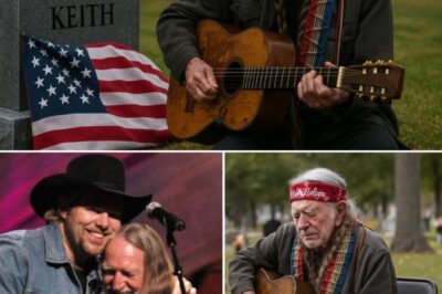 “He didn’t come to be seen… he came to remember” — Willie Nelson sat alone at Toby Keith’s grave and let his guitar do the talking. There were no headlines. There was no memorial concert. It was just Willie, his old Trigger guitar, and the Oklahoma breeze the day Toby Keith left this world a year ago. He played “Angel Flying Too Close to the Ground” — not for the crowd, but for the friend who had stood next to him in the same spotlight. Witnesses said the music flowed through the silence like a “prayer” — each note HEAVIER than the last. As the final chords settled, Willie whispered something into the tombstone, placed a wildflower at its base, and walked away — a living legend remembering the only way he knew how: with quiet, aching grace.