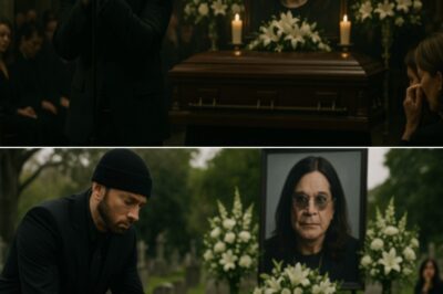Eminem, his voice cracking with raw emotion, stepped up at Ozzy Osbourne’s funeral not to deliver a rock anthem but a haunted spoken‑word tribute that brought the chapel to a shuddering silence, as he recited memories of late nights and shared pain with the prince of darkness, his words hanging in the air like smoke, drawing tears from veterans who had seen every era from Sabbath to Slim Shady, concluding not with a mic drop but with a single black rose placed gently on Ozzy’s casket, leaving everyone wondering if this was the final verse of an unlikely friendship.