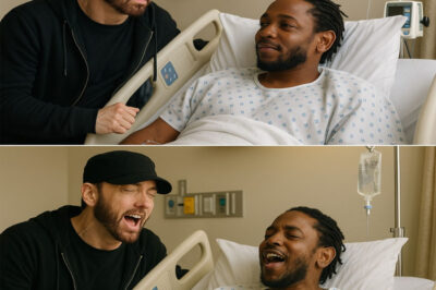 When word spread that Kendrick Lamar had been rushed to the hospital, fans feared the worst — but no one expected Eminem himself to walk through the ward doors; witnesses say the Rap God appeared with no entourage, just a heavy stare and a quiet determination as he made his way to Kendrick’s bedside; the two men, icons from different coasts and generations, locked eyes in a silence that spoke louder than any verse they had ever penned; Eminem leaned forward, whispered something that made Kendrick’s lips curl into the faintest smile, and suddenly the sterile hospital room felt like a stage charged with history; nurses described the moment as “electric yet heartbreaking,” a meeting of master and protégé under the cruel light of fate; as Eminem left, shoulders heavy but unbowed, those who saw it swore it wasn’t just a hospital visit, but a moment when hip-hop itself seemed to hold its breath.