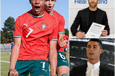 Cristiano Jr., son of superstar CR7, has been officially promoted to Real Madrid’s youth academy, personally recruited by president Florentino Pérez. Pérez is convinced that he will be the world’s second CR7, destined to shine at the Santiago Bernabéu. The shocking response and the conditions set by father and son have sparked major controversy within Real Madrid and a wave of criticism worldwide.