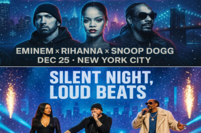 The internet erupted overnight when an unverified poster began circulating online, boldly announcing that Eminem, Rihanna, and Snoop Dogg would share the same stage for a one-night-only concert titled “Silent Night, Loud Beats” in New York on Christmas Eve; fans immediately flooded social media with theories, screenshots, and wild excitement, insisting the design looked too professional to be fake; some claimed insiders had already confirmed that rehearsals were underway, while others swore ticket agencies were secretly preparing for a surprise drop; whether true or not, the buzz has spiraled into frenzy, with many declaring that if the poster is real, this could be the biggest holiday concert of the decade, a night where rap, R&B, and hip-hop legends collide under the glittering lights of Times Square.