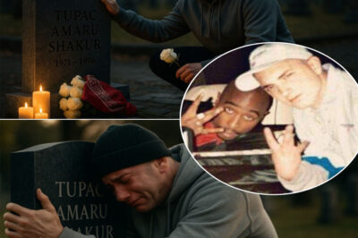 Witnesses say it was just after sunset when Eminem walked slowly through the quiet cemetery, his hood pulled low, carrying nothing but a single candle, and when he finally reached Tupac Shakur’s grave, he fell to his knees, clutching the stone with trembling hands; his voice broke as sobs tore out of him, whispering words that no one could fully hear, only fragments of regret and gratitude drifting into the evening air; some fans standing nearby swore they saw tears running down his face as he pressed his forehead against the cold marble, whispering “I miss you, brother,” and the sight was so raw, so unguarded, that even the security team looked away, unable to contain their own emotions, while others whispered that this was not just mourning but a confession of a bond too deep to die.