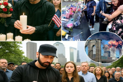“Eminem Suddenly Cancels a Sold-Out Show This Morning, Appears at the 9/11 Terrorist Attack Memorial — Walks Straight into the Heart of the Crowd, Lights a Candle for 2,977 Souls, and Whispers a Mysterious 10-Word Rap That Leaves Thousands in Tears, Veterans Collapsed, and All of America Stunned in a Heart-Stopping, Unforgettable Moment!” This morning, without any warning, Eminem canceled his sold-out show and rushed to the memorial honoring the victims of the 9/11 terrorist attacks in New York. As he appeared, he moved straight to the center of the crowd, lit a single candle, and bowed in solemn silence. Then, something no one expected happened: Eminem rapped a mysterious 10-word verse, his husky, whispered voice cutting through the quiet, leaving thousands speechless, hearts aching, and tears mixing with the morning drizzle. The wind whipped the American flag above, phone lights flickered across the crowd, people sobbed uncontrollably, and veterans collapsed under the weight of emotion. This shocking act did more than move the audience — it opened a haunting mystery, leaving all of America curious, trembling, and asking what Eminem had truly said. 2,977 souls were named, and this morning’s appearance transformed the memorial into a cinematic, unforgettable, and deeply haunting experience.