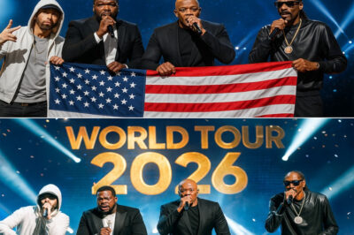 The unthinkable has become reality — Eminem, Snoop Dogg, Dr. Dre, and 50 Cent have officially announced a 2026 world stadium tour that will rewrite hip-hop history. The tour is set to hit more than 15 massive arenas, each with over 70,000 seats, instantly making it the largest hip-hop stadium tour ever attempted. Fans are already calling it “the Super Bowl of rap,” a spectacle too big for arenas and too powerful for a single city to contain. But the real bombshell came with the reveal that the four icons will release their first brand-new track together, a collaboration once dismissed as impossible. Social media has gone into meltdown, timelines drowning in memes, speculation, and countdown clocks as anticipation surges beyond control. Insiders say demand has already shattered records, with tickets expected to vanish within minutes. One truth remains: when the first beat drops, the world won’t just be listening — it will be witnessing history.