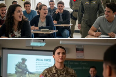Whole classroom Mocked Teen Over Mom’s SEAL Claim — Then Froze as Vet Mom Entered With SEALs The laughter started as a snicker in the back row… then spread like wildfire. Seventeen-year-old Jake Turner stood in front of his history class, fists clenched at his sides, voice cracking as he spoke. “My mom… was a United States Navy SEALs operator.” The room erupted. Desks rattled. “Yeah right,” someone shouted. “SEALs aren’t even women,” another sneered. Even Mr. Callahan, the teacher, shook his head with a pitying smile. “Let’s stick to facts, Jake.” Jake’s ears burned. He wanted to shout, to fight back — but all he did was sit down slowly, staring at his desk as the laughter echoed around him. Then the classroom door opened. Boots hit the tile in perfect rhythm. A line of SEALs strode in, uniforms crisp, eyes sharp. And at their center walked a woman — calm, silent, her presence slicing through the room like a blade. The laughter died mid-breath. Jaws dropped. Because in that instant, everyone understood: Jake hadn’t been telling a story. He’d just introduced the deadliest mother on Earth.