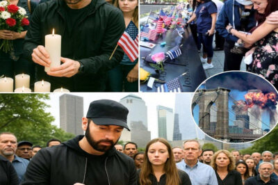 This morning, in a move no one saw coming, Eminem stunned the world. Without a word of warning, he canceled his sold-out show and appeared instead at the 9/11 Memorial in New York City. The crowd, already heavy with silence, watched as he walked straight into the heart of it, lit a single candle, and lowered his head. Then came the moment that ripped through the stillness—Eminem leaned forward and whispered a ten-word rap, his gravelly voice echoing like a ghost.
