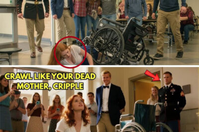 Bullies Smashed the Disabled Girl’s Chair During Lunch — Then Her Marine Brother Fiercely Showed The cafeteria buzzed with the usual noise — trays clattering, laughter bouncing off the walls — until it turned sharp, mean. Emily Carter sat alone at the corner table, quiet as always, picking at her lunch while whispers snickered around her. Then the first shove came. A carton of milk splashed across her tray. Laughter erupted. Before she could react, one of them kicked the side of her wheelchair. Another jumped on the backrest. Metal screamed against tile. In seconds, the chair lay in pieces on the floor. Emily hit the ground hard. Phones rose like vultures, recording. No one moved to help. Then the double doors slammed open. Boots struck the tile in sharp, controlled rhythm — the kind that made a room go still. Lance Corporal Jack Carter stood in the doorway, uniform crisp, jaw set like stone. The laughter died mid-breath. Because in that instant, everyone understood: Emily wasn’t alone anymore — and her Marine brother had just come to collect a debt.