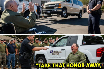 Cop Mocked a Disabled Vet and Towed His Van 5 Minutes Later, Marines Blocked Every Exit The Arizona sun beat down on the asphalt outside Phoenix VA Medical Center, heat shimmering off the hoods of parked cars. Staff Sergeant Frank Morrison eased his wheelchair-accessible van into a handicapped space, the custom ramp lowering with a soft hydraulic hiss. At sixty-eight, his movements were slow, deliberate — the kind of patience forged only after surviving what others didn’t. The Purple Heart on his license plate caught the light. The handicapped placard swung gently from his rearview mirror. That’s when Officer Bradley Cain strode up, mirrored sunglasses flashing, hand already on his citation pad. “Move it,” Cain barked. “This space is for actual disabled people — not fakers playing the system.” Conversations around the parking lot went silent. Frank calmly lifted the legs of his jeans, revealing the carbon-fiber prosthetics that had replaced both limbs after an IED blast in Fallujah. Cain smirked. “Nice props. You print those off the internet?” Then he called for a tow truck. Frank said nothing. He just pulled out his phone… and dialed one number.