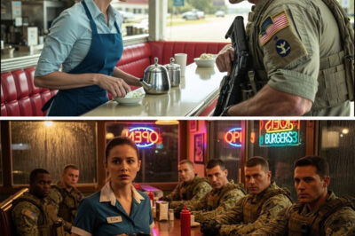 Small Town Waitress Hides a Deadly Secret — Until Navy SEALs Show Up at Her Diner The bell above the door at Blue Moon Diner gave its usual tired jingle as the loggers shuffled in for their morning coffee. Sierra Blake was already moving between tables, refilling mugs with the quiet efficiency everyone in Timber Creek had come to expect. To them, she was just the early-shift waitress — polite, invisible, forgettable. That was how she needed it to be. What they didn’t see were the faint white scars hidden beneath her sleeves. Or how her steel-gray eyes swept every corner of the diner the second the door opened, cataloging exits, scanning hands, calculating threats without a single wasted motion. And they definitely didn’t know that two hours earlier, before the first pancake hit the griddle, Sierra had been alone in the pines behind her cabin, running live-fire drills in total darkness with a precision no civilian should have. So when the bell jingled again — and six men in plain clothes but unmistakable bearing filed in, boots silent, eyes sharp — the air changed. The locals only saw strangers. Sierra saw the insignia hidden on their wristbands. United States Navy SEALs. They weren’t here for breakfast. And the quiet woman they’d come to find… wasn’t supposed to exist anymore.
