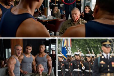 A Thug Slapped an 81-Year-Old Veteran in a Diner… An Hour Later, His Son Walked In With a Company of U.S. Marines The diner smelled of burnt coffee and fried eggs, but all anyone remembered was the sound — the crack of a thug’s palm across an old man’s face. Earl Whitman, 81 years old, a veteran who had seen jungles and deserts, didn’t flinch. He just took the hit. The room went silent. Nobody stood. Nobody dared. The punk laughed, strutted, and left Earl sitting there with nothing but humiliation burning in his chest. Minutes dragged into an hour. The shame hung heavy in the air, choking every witness. Earl said nothing — but his eyes never left the door. He knew. And then it came. The diner doors slammed open so hard the glass rattled. Boots thundered in. A wall of Marines filled the entrance, their leader a broad-shouldered man with the same steel-gray eyes as Earl. His son. The thug’s laughter died in his throat. Because this wasn’t going to end with silence. This was going to end with a reckoning.