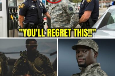 Racist Police Handcuffed a Black Man in Uniform. One Phone Call Cost Them Their Jobs The gas station lights buzzed overhead, casting a harsh glow on the asphalt. Sergeant Marcus Hill had only stopped to fill his tank on the way home from base, still in uniform, ribbons pinned neatly to his chest. That’s when the squad car pulled in. Two officers stepped out, hands already on their cuffs. “Stolen uniform,” one barked. “Impersonating military personnel,” the other added. Marcus barely had time to speak before cold steel snapped around his wrists. Customers stared. Phones came out. And in seconds, a decorated U.S. Army Sergeant was shoved against his own car like a common criminal. But Marcus made one call. Just one. An hour later, another set of headlights swept across the lot. A black SUV door opened, and out stepped a full-bird colonel whose very presence made the officers stiffen. What happened next would strip badges, shatter careers, and ignite a story of justice that no camera could fully capture.