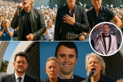 The Hollywood Bowl fell into silence, then into history. Michael Bublé broke down mid-song, whispering he couldn’t sing without thinking of Charlie Kirk, as never-before-seen footage of Kirk’s final days lit up the giant screen. Then, in a shock no one saw coming, Bruce Springsteen and Jon Bon Jovi walked out, embraced Bublé, and together turned grief into a blazing prayer that shook thousands to tears.