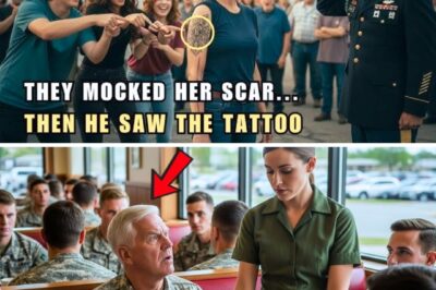 They Laughed at Her Scars — Then a Veteran Stood Up The diner was loud with lunchtime chatter, forks clinking against plates, and the hum of conversation. At the far end, a young waitress moved carefully between tables, her smile polite but guarded. Across her arm and neck ran visible scars — reminders of battles no one in that room could imagine. Pinned to her apron were a few small military ribbons, worn and faded, but real. A group of college kids noticed. Their laughter started as whispers, then grew louder. “Nice costume,” one sneered. Another pointed at her ribbons and said, “Bet you bought those online.” The waitress froze, her knuckles tightening around the coffee pot, her face burning with humiliation. That’s when the scrape of chairs echoed through the diner. From a nearby booth, an older man in a veteran’s cap stood, his eyes steady, his voice firm. “Those scars,” he said, “aren’t something you laugh at. They’re something you salute.” And when others began to rise beside him — veterans who knew exactly what those ribbons meant — the entire diner fell into silence. What happened next revealed a truth about the young waitress that left everyone in tears.