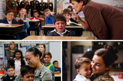 “You’re lying — your mother isn’t a general at all!” the teacher shouted at the 8-year-old boy… until the classroom door suddenly swung open The third-grade classroom in a small American town buzzed with handmade cards and paper flowers for Mother’s Day. But in the corner, eight-year-old Ethan Carter sat quietly, his eyes red and swollen. When it was his turn to share, his voice trembled: “My mom is a Navy general. She couldn’t come today…” Laughter rippled through the room. The teacher frowned, her voice sharp: “Ethan, that’s a lie! What kind of mother never shows up, not even on a day like this?” The giggles grew louder, and Ethan buried his face in his arms, tears soaking the desk. Then — the classroom door burst open. Silence fell. In the doorway stood a woman in full uniform, her presence commanding and stern. Her boots echoed against the floor as she strode inside, and behind her marched an entire unit of Navy personnel in perfect step. The class froze. The teacher stood rooted in shock. And slowly, Ethan lifted his head. What happened next left the entire school speechless — and gave Ethan a moment no one would ever forget.