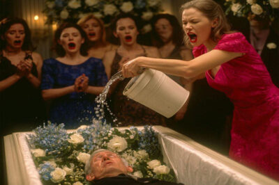 The woman walked up to her husband’s coffin and poured the contents of the bucket on his face.