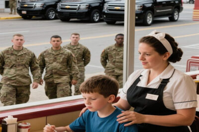 A waitress quietly served breakfast to a lonely boy every morning — until one day, four black SUVs stopped outside the diner, and soldiers entered carrying a letter that left the entire town in stunned silence.