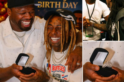 Lil Wayne’s 43rd birthday turned into a star-studded celebration filled with music and laughter. Among the many celebrity guests, 50 Cent stole the spotlight with an unforgettable gift — a custom diamond ring featuring the “Young Money” logo.