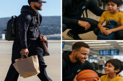 Stephen Curry was ready to board the plane—until he was stopped by a lost boy crying at the gate. No parents, no one to claim, no one to call. Curry skipped boarding time, stayed with the child for over an hour, coaxing him to eat, sitting on the floor and talking softly amid the chaos. When airport staff found the guardian and pulled the boy away, Curry walked out to check-in to change flights—only to learn he had just missed his crucial flight to an event watched by millions. Fans thought the story ended there… but what happened right after the child’s real guardian showed up—was what tore through social media, sparking a 72-hour debate and media coverage. It wasn’t Curry’s tardiness… it was the child’s identity and the one sentence he left behind before leaving.