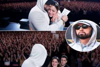 “THE SIGN THAT BROUGHT SLIM SHADY TO HIS KNEES.” — Eminem BREAKS DOWN MID-SHOW After Spotting a Cardboard Message Only He Could Decode… and the Foster Child Who Survived a Decade Just to Stand Before Him Again!In front of a roaring arena in Austin, the unthinkable happened — Eminem froze mid-verse, eyes locked on a small cardboard sign held by a young woman near the barricade. No one else understood it, but he did. Instantly. It was the same message a frightened foster child once handed him backstage a decade earlier — a promise he swore to keep if she survived the system that nearly broke her. When security brought her forward and their eyes met again, everything stopped. He stepped off the stage, trembling, and she burst into tears as she whispered, “I made it.” The crowd went silent, watching a promise ten years in the making finally fulfilled in the most emotional moment of his career. Their hug. His tears. The sign. It became one of the most powerful “kept promise” moments the rap world has ever witnessed.