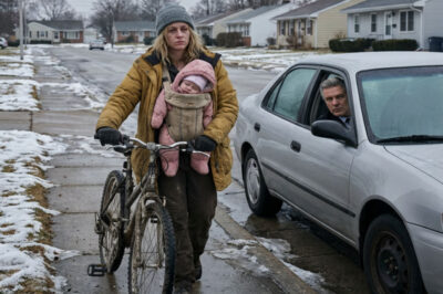 I was trudging through icy snow with my newborn pressed to my chest because my parents kept insisting we had no money left. Then a luxury car rolled to a stop beside me, and my billionaire grandfather stepped out, furious. “Why aren’t you using the Mercedes I gave you?” he demanded. I barely managed to whisper that my sister had it. He didn’t ask another question—he told his driver to head straight for the police station. When the officer reviewed the bank records, the reality behind my so-called “poverty” stunned everyone in the room.