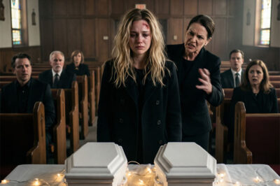 At my twin babies’ funeral, as their tiny coffins lay before me, my mother-in-law leaned close and hissed, “God took them because He knew what kind of mother you were.” I snapped, sobbing, “Can you shut up—just for today?” That’s when she slapped me, smashed my head against the coffin, and whispered, “Stay quiet, or you’ll join them.” But what happened next… no one saw coming.