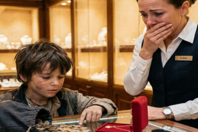 A rag.ged boy silently entered the luxurious jewelry store and poured thousands of cold coins onto the gleaming glass.