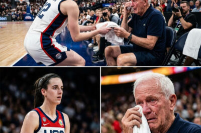 A TOUCHING MOMENT IN THE WORLD OF BASKETBALL: Caitlin Clark kneels before an elderly ball boy – a scene that left millions of fans emotional.